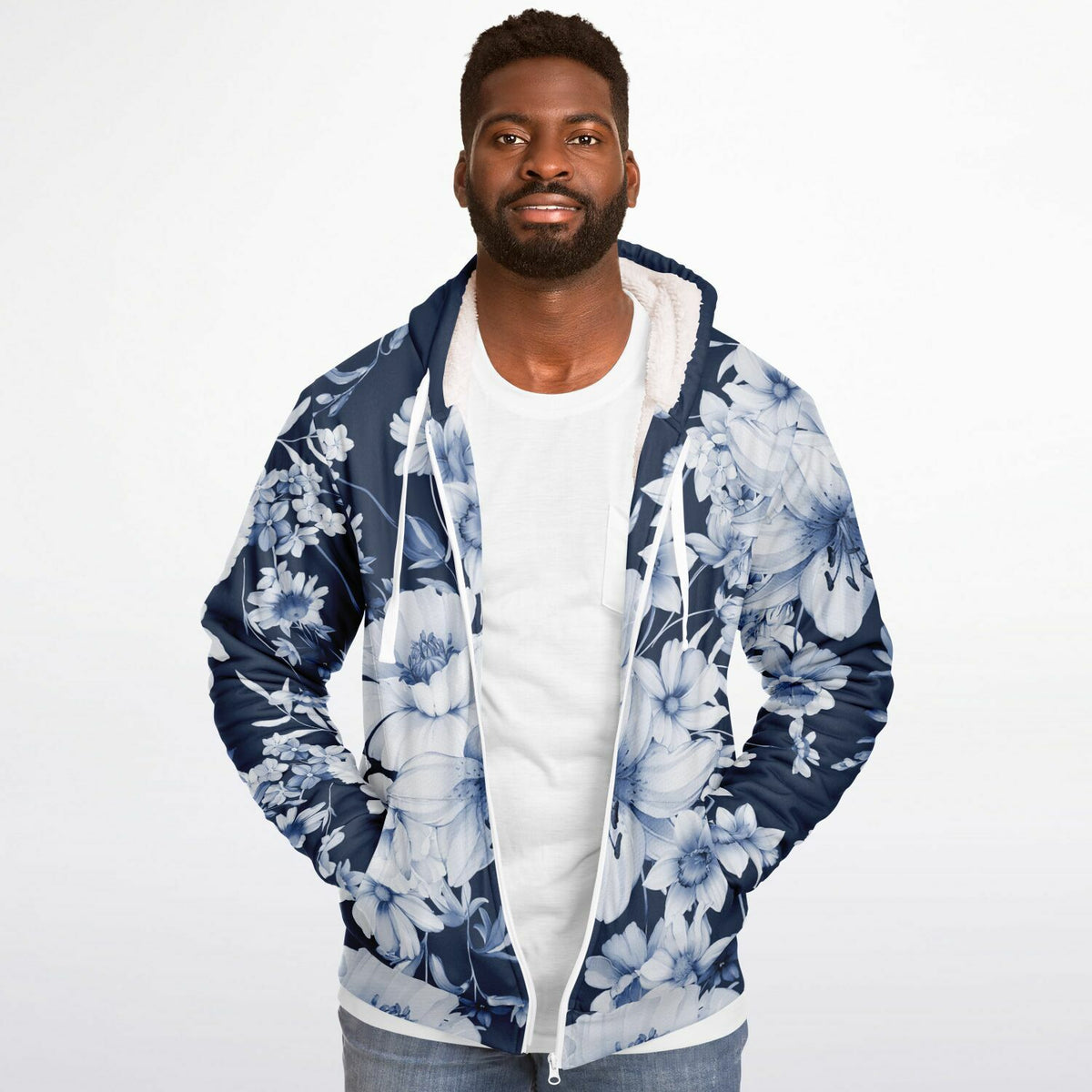 Navy and White Floral Microfleece Hoodie