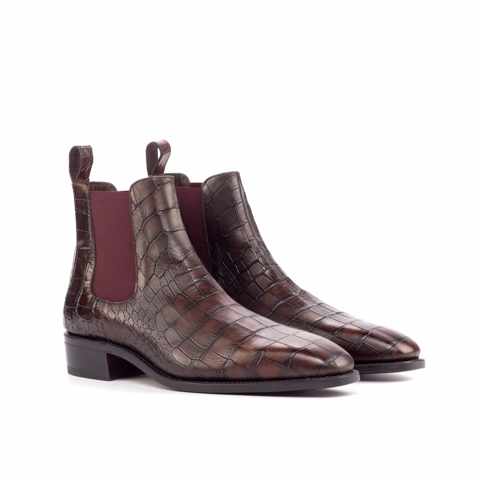 Elevated Chelsea Boots - Dark Brown & Burgundy Croco Leather with Cuban Heel