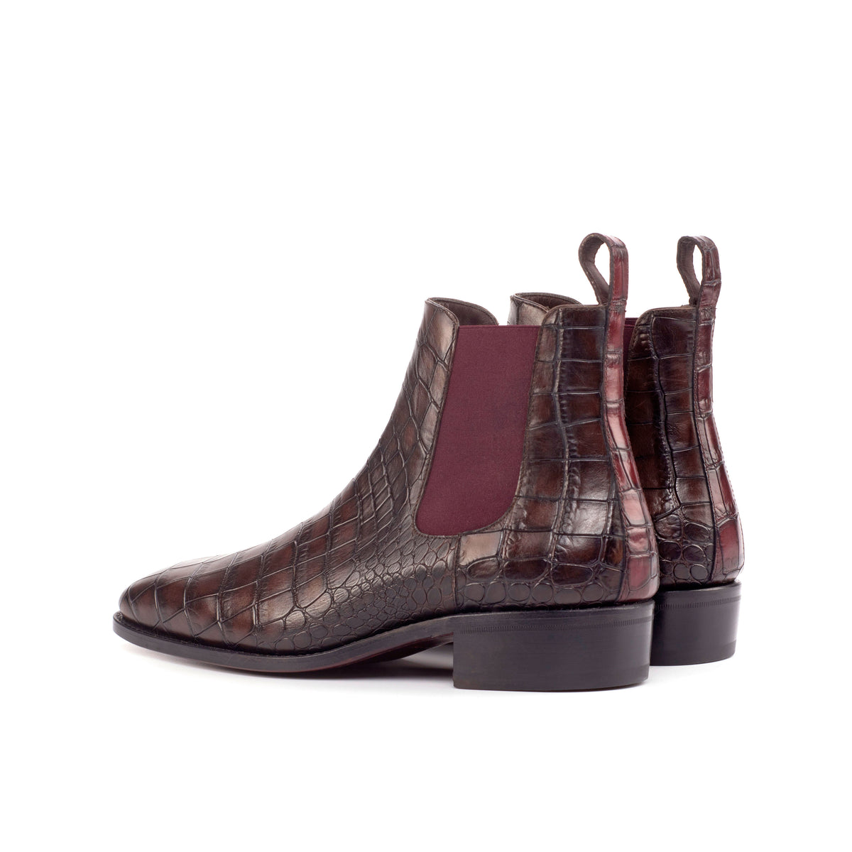 Goodyear Welted Chelsea Boots - Dark Brown and Burgundy Croco Leather with Cuban Heel
