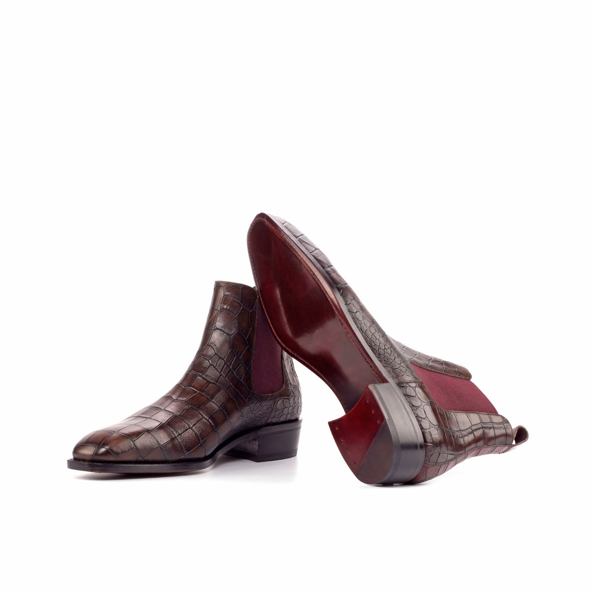 Goodyear Welted Chelsea Boots - Dark Brown and Burgundy Croco Leather with Cuban Heel