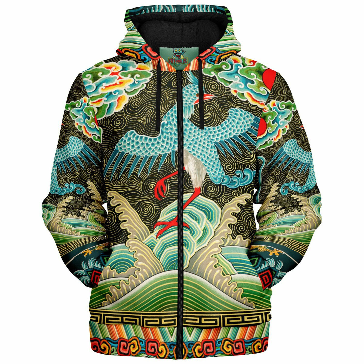 Art Nouveau Zip Hoodie with Black Microfleece
