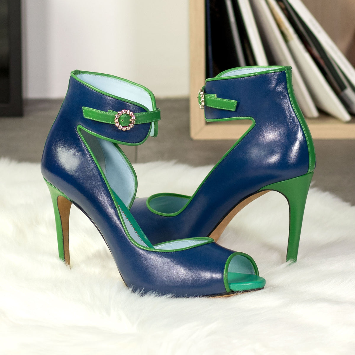 Handmade Ankle Cuff Heels in Blue Nappa Leather