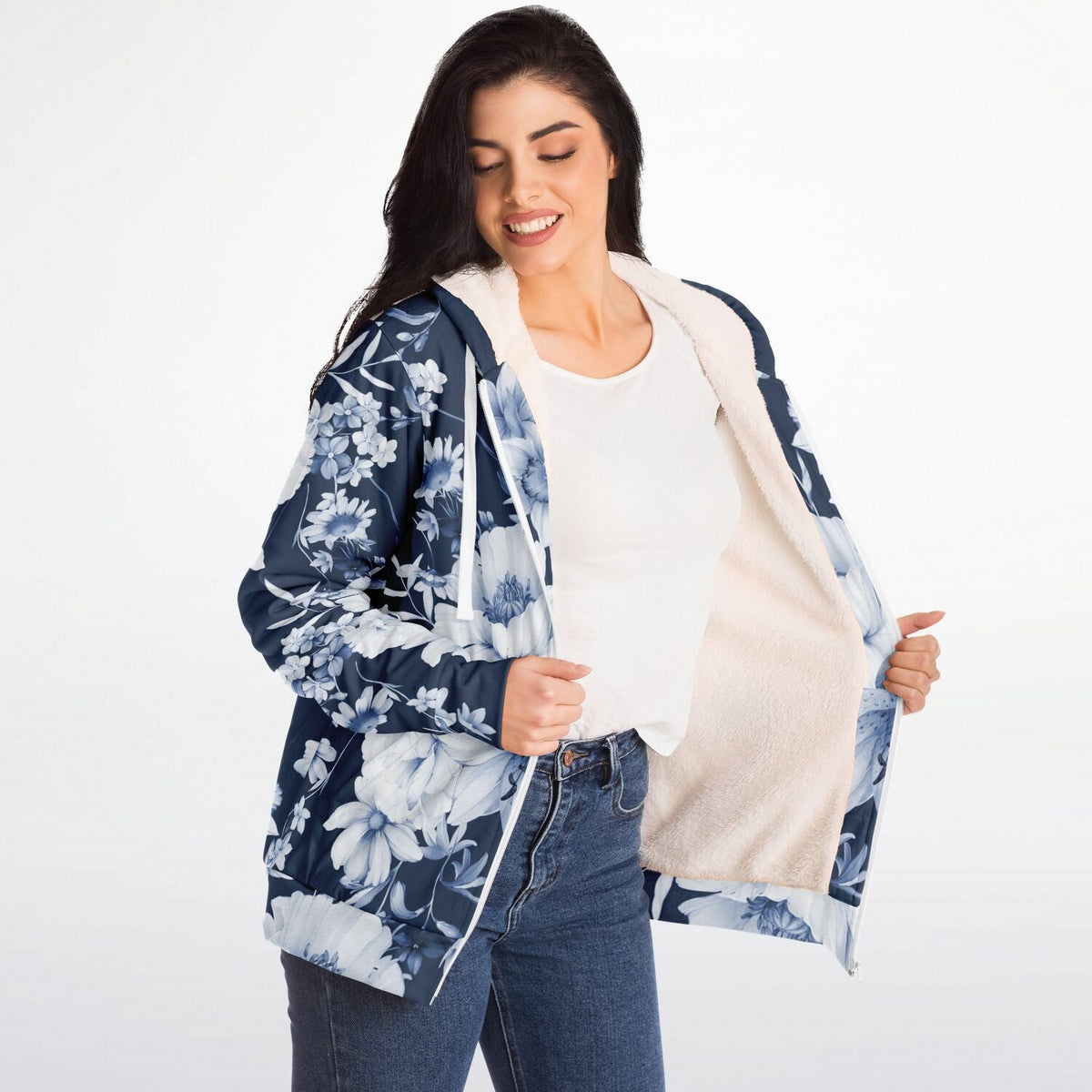 Navy and White Floral Microfleece Hoodie