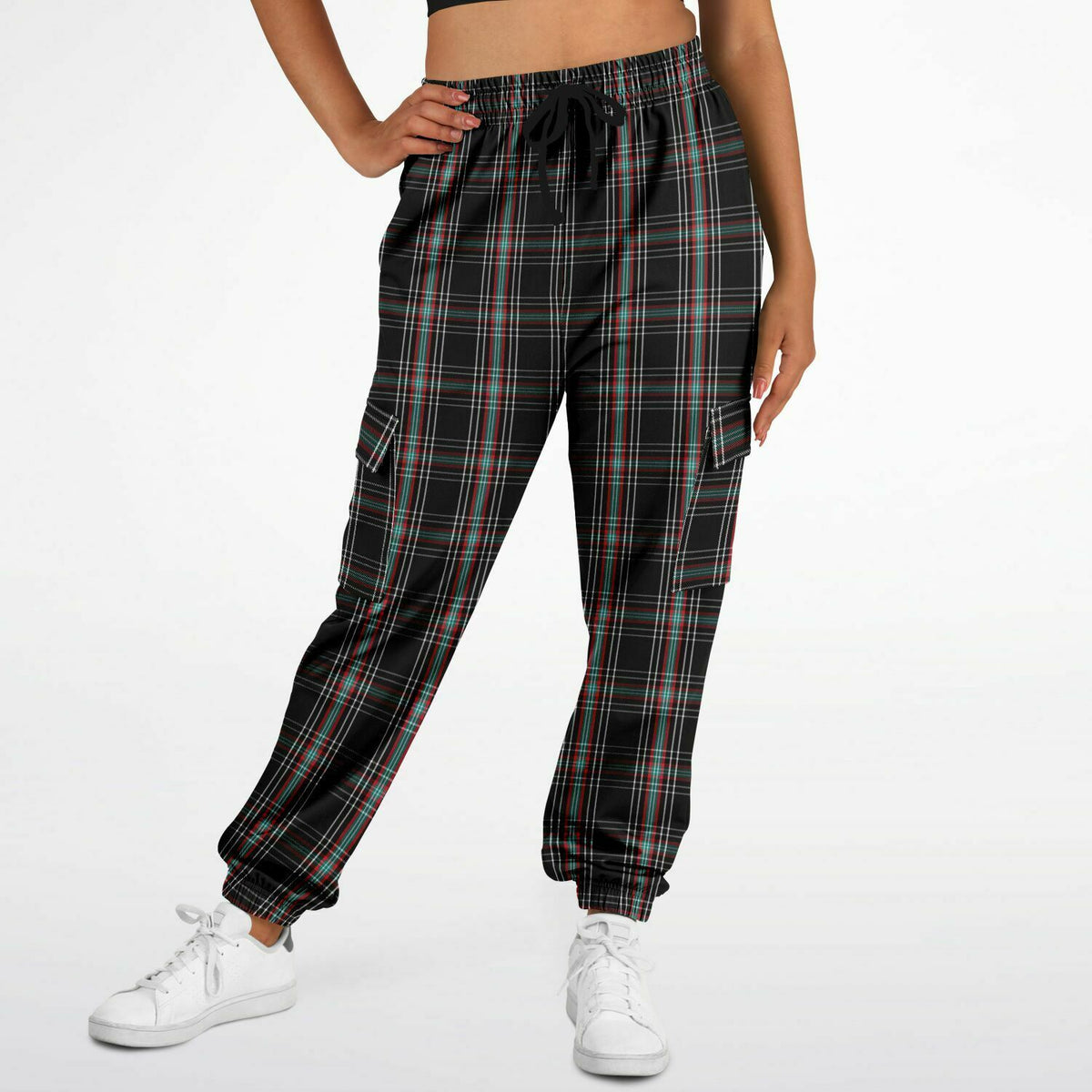 Black Plaid Athletic Cargo Sweatpants - AOP