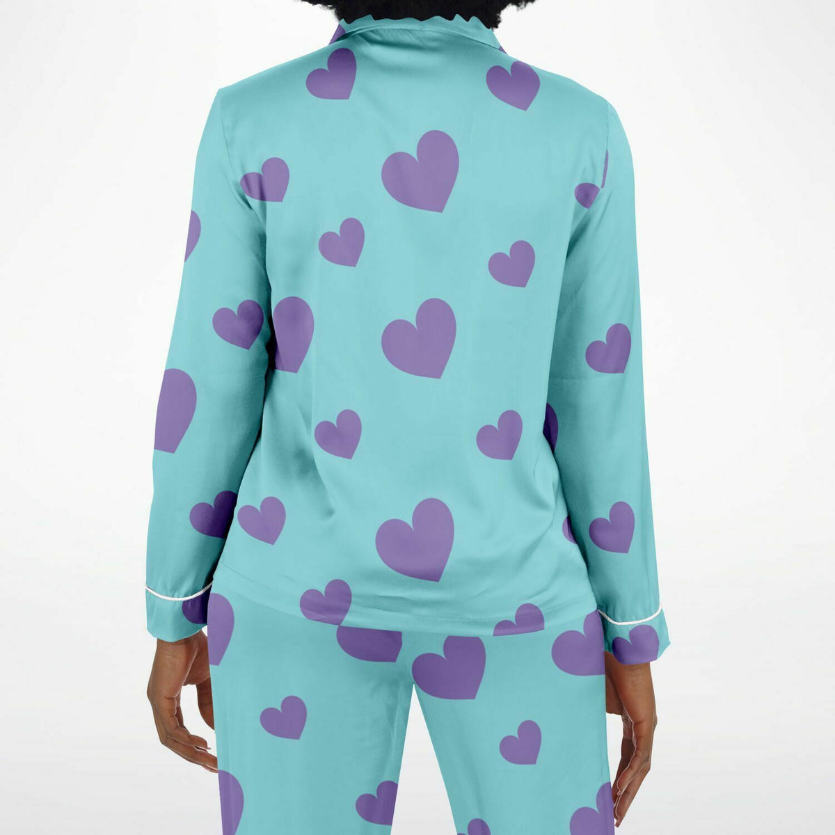 Damen Satin Pyjama Lila Liebesherzen 