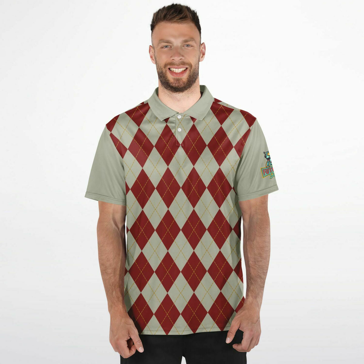 Performance Golf Polo with Sweat Wicking, Smoke and Burgundy Argyle