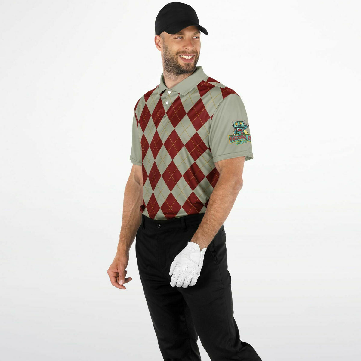 Performance Golf Polo with Sweat Wicking, Smoke and Burgundy Argyle