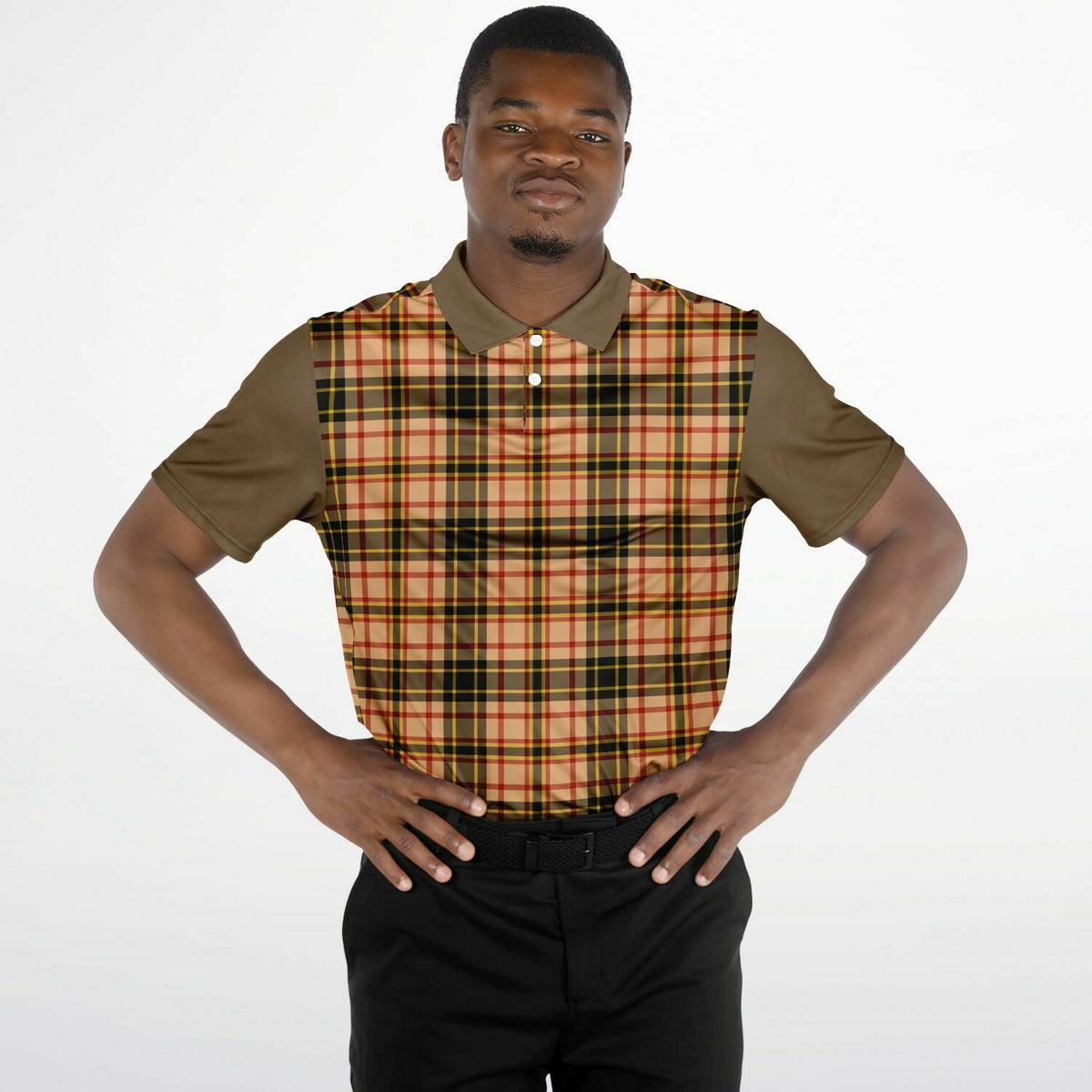 Performance Golf Polo with Sweat Wicking in Tan Plaid