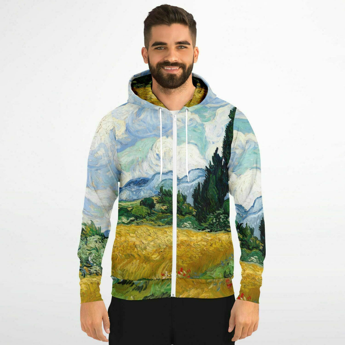 Van Gogh Zip-Up Hoodie Wheat field with Cypresses