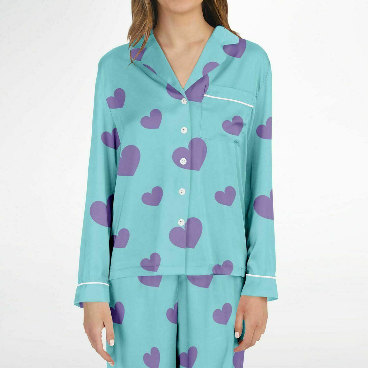 Damen Satin Pyjama Lila Liebesherzen 