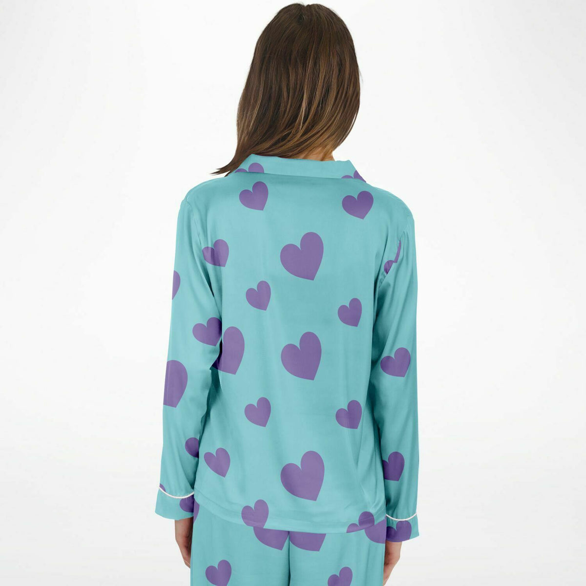 Damen Satin Pyjama Lila Liebesherzen 