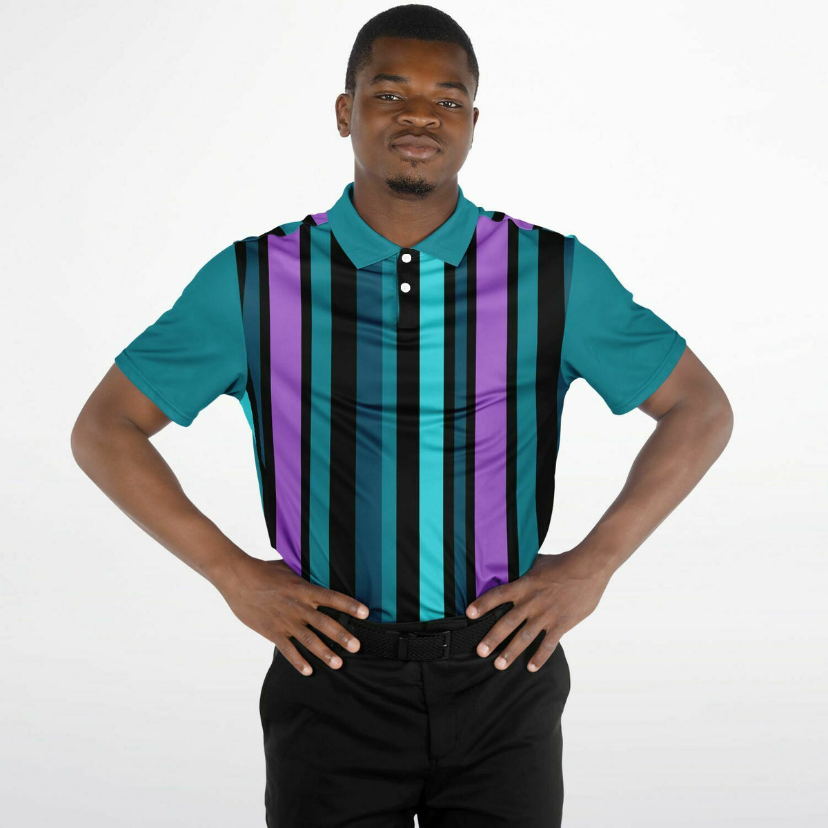 Retro Pinstripe Performance Golf Polo, Purple Pinstripe, Stylish Golf Polo