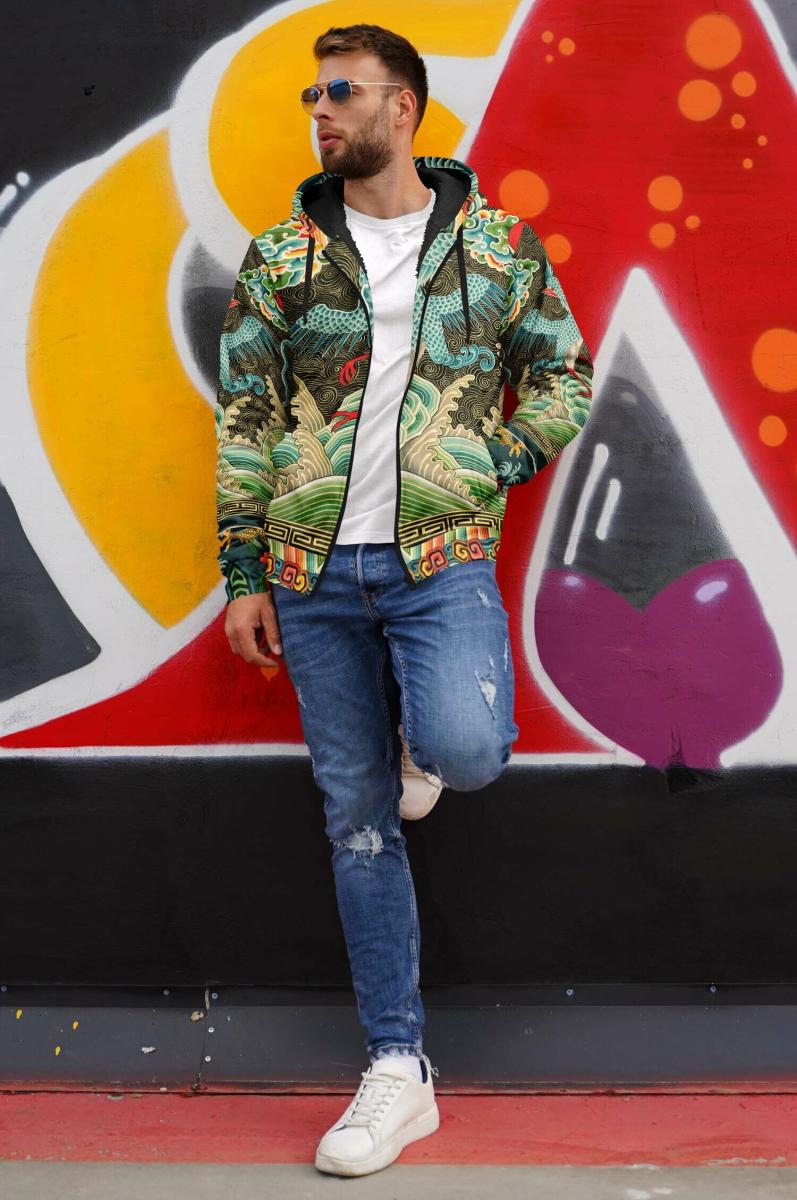 Art Nouveau Zip Hoodie with Black Microfleece