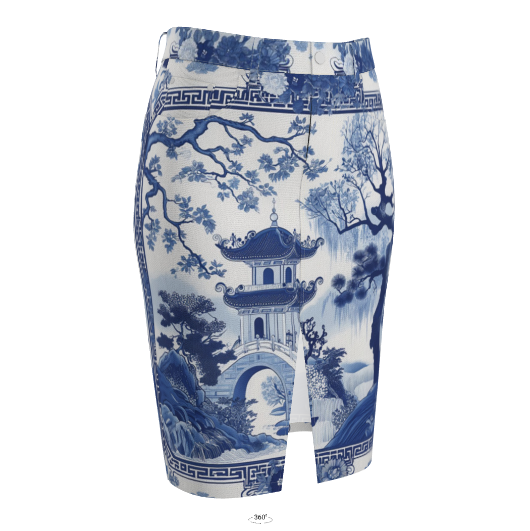 Denim Midi Skirt - Vintage Porcelain Print
