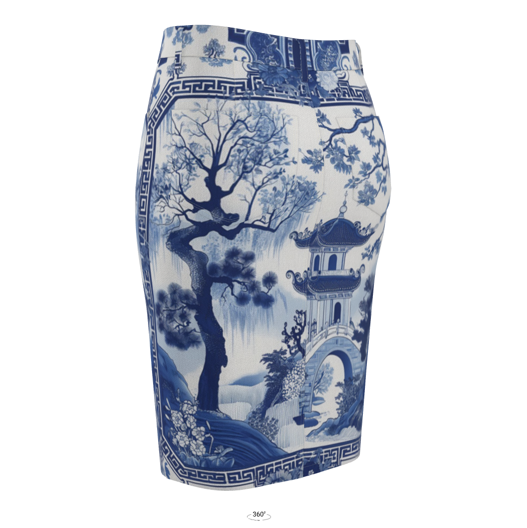 Denim Midi Skirt - Vintage Porcelain Print