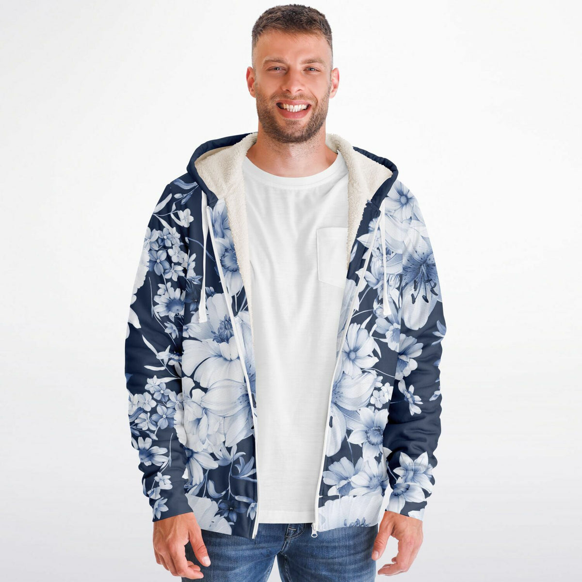 Navy and White Floral Microfleece Hoodie