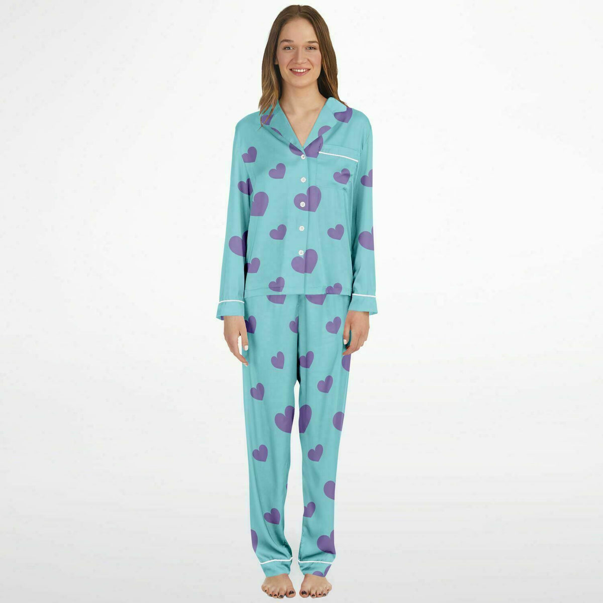 Damen Satin Pyjama Lila Liebesherzen 