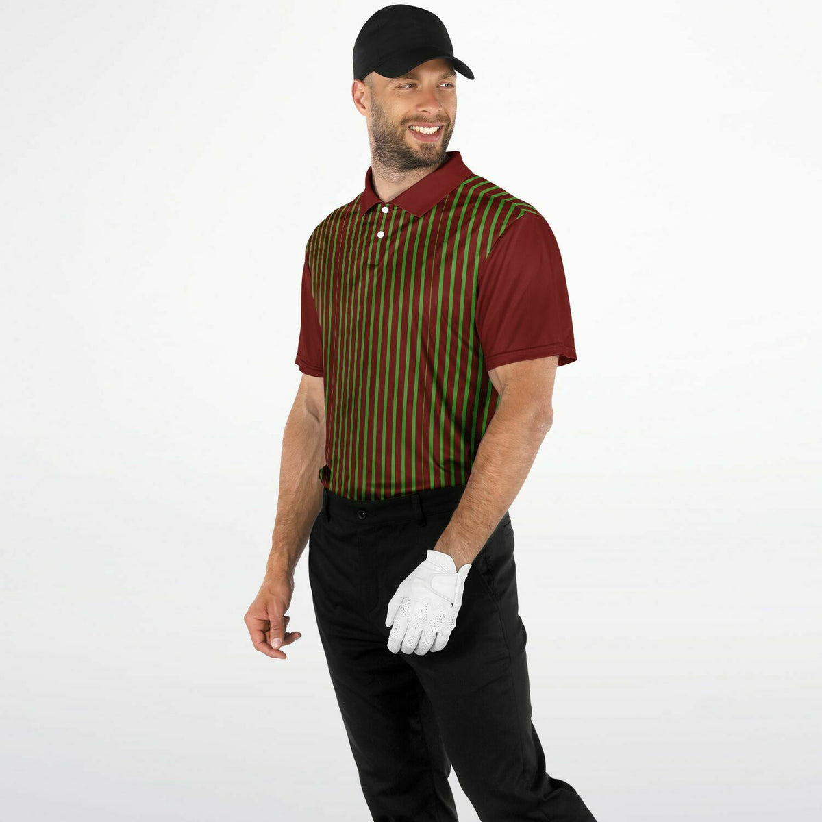 Performance Polo, Men&#39;s Claret &amp; Kelly Green Striped Polo Shirt, sweat wicking, golf polo