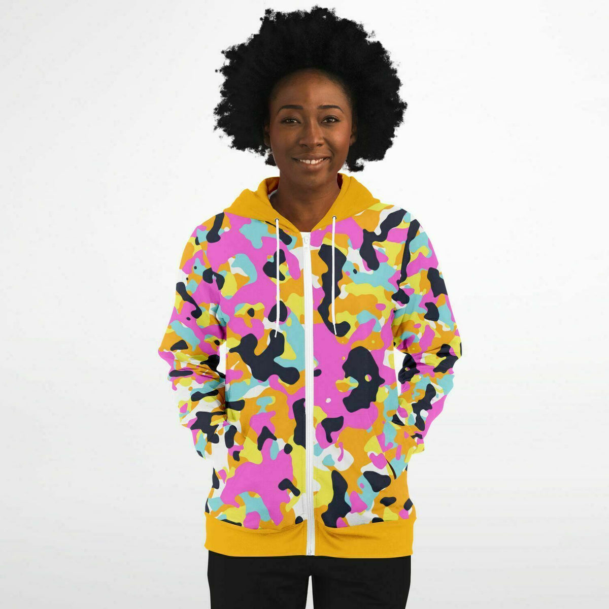 Y2K Camo Athletic Zip-Up Hoodie - AOP