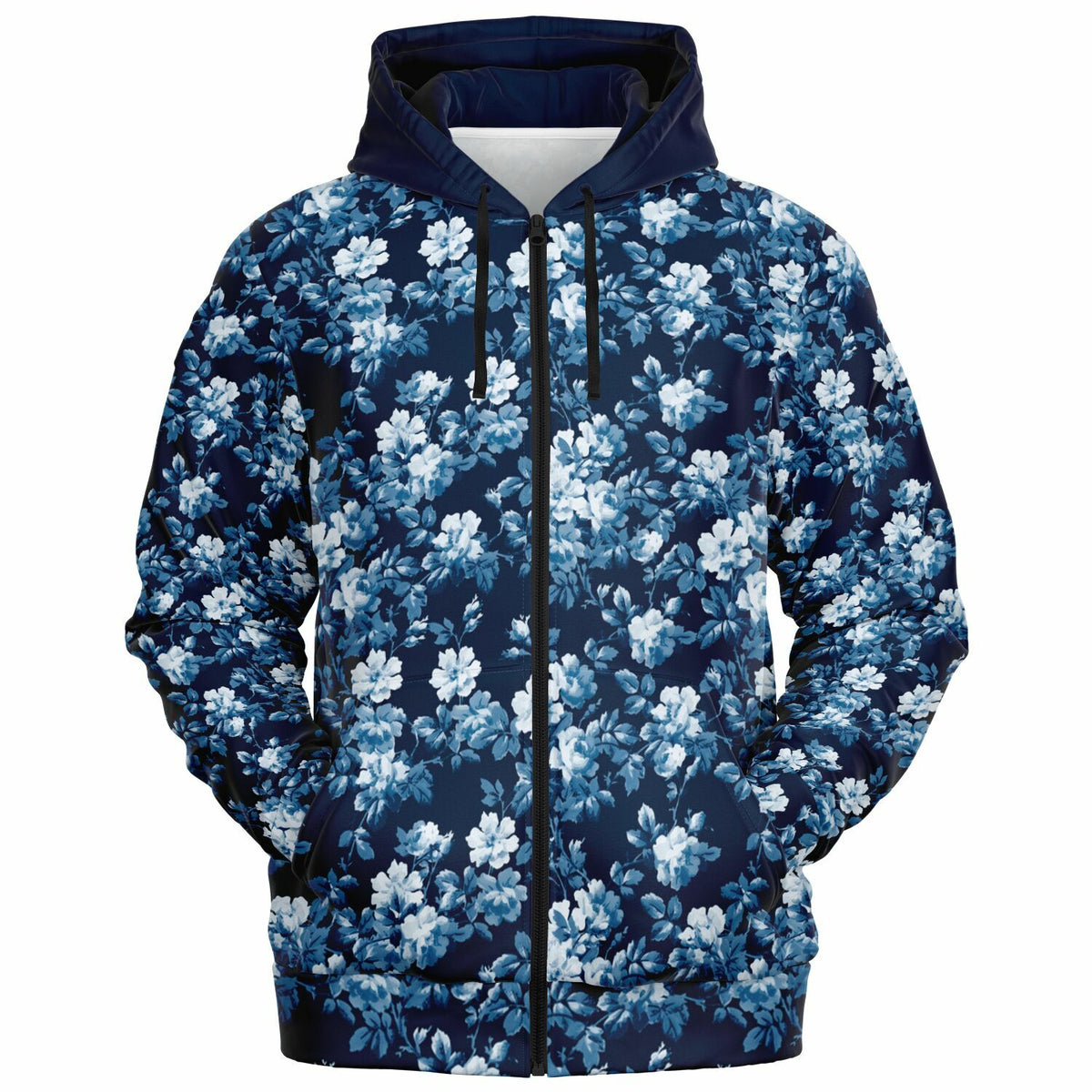 blue floral hoodie with light blue and white flowers