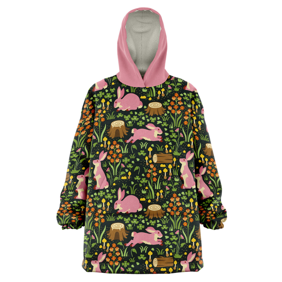 Enchanted Cottagecore: Kuscheliger Kapuzenpullover aus Mikrofleece mit Kaninchen- und Waldmotiv in Übergrößen erhältlich, Loungecore 