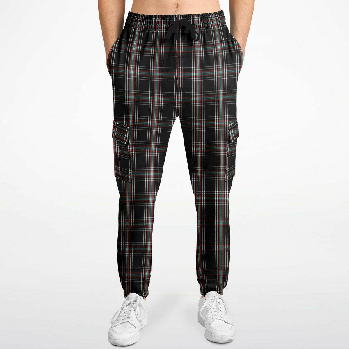 Black Plaid Athletic Cargo Sweatpants - AOP
