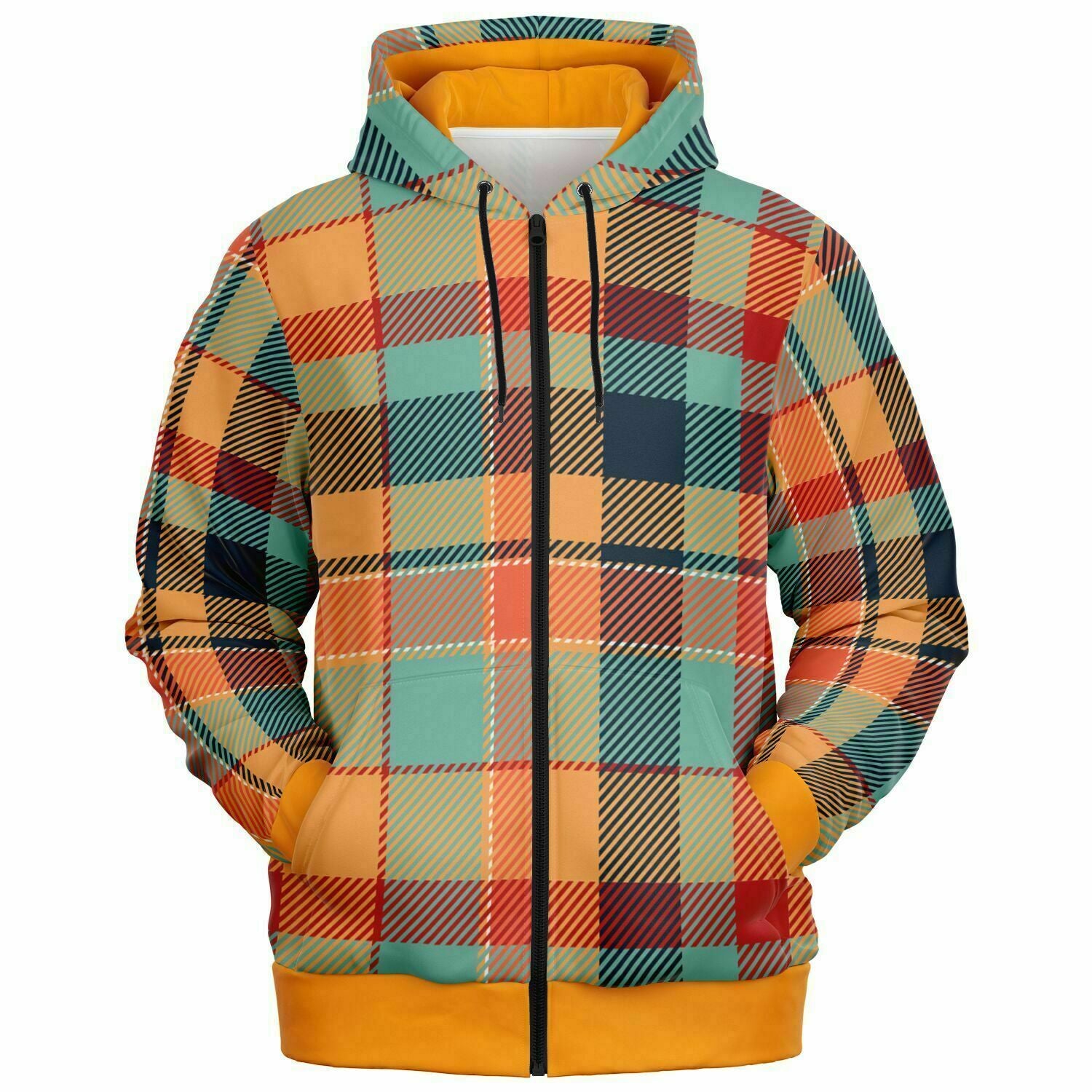 Retro Zip Hoodie in Tartan or Plaid, Orange, Teal and Green