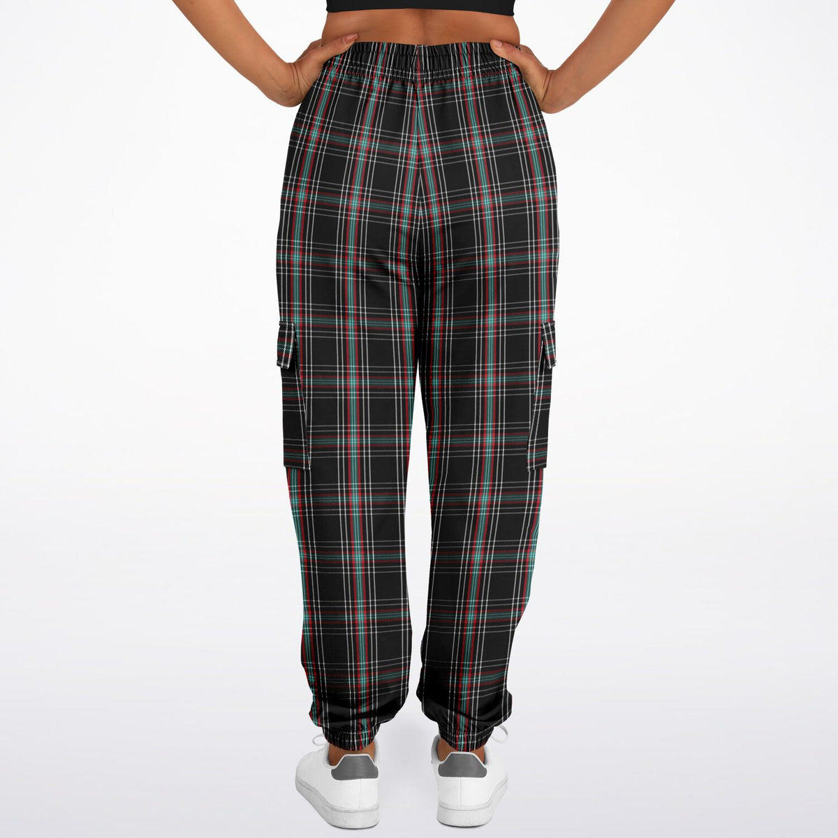 Black Plaid Athletic Cargo Sweatpants - AOP