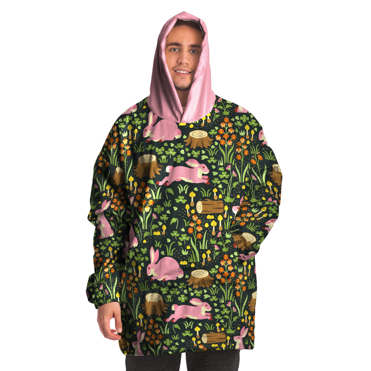 Enchanted Cottagecore: Kuscheliger Kapuzenpullover aus Mikrofleece mit Kaninchen- und Waldmotiv in Übergrößen erhältlich, Loungecore 