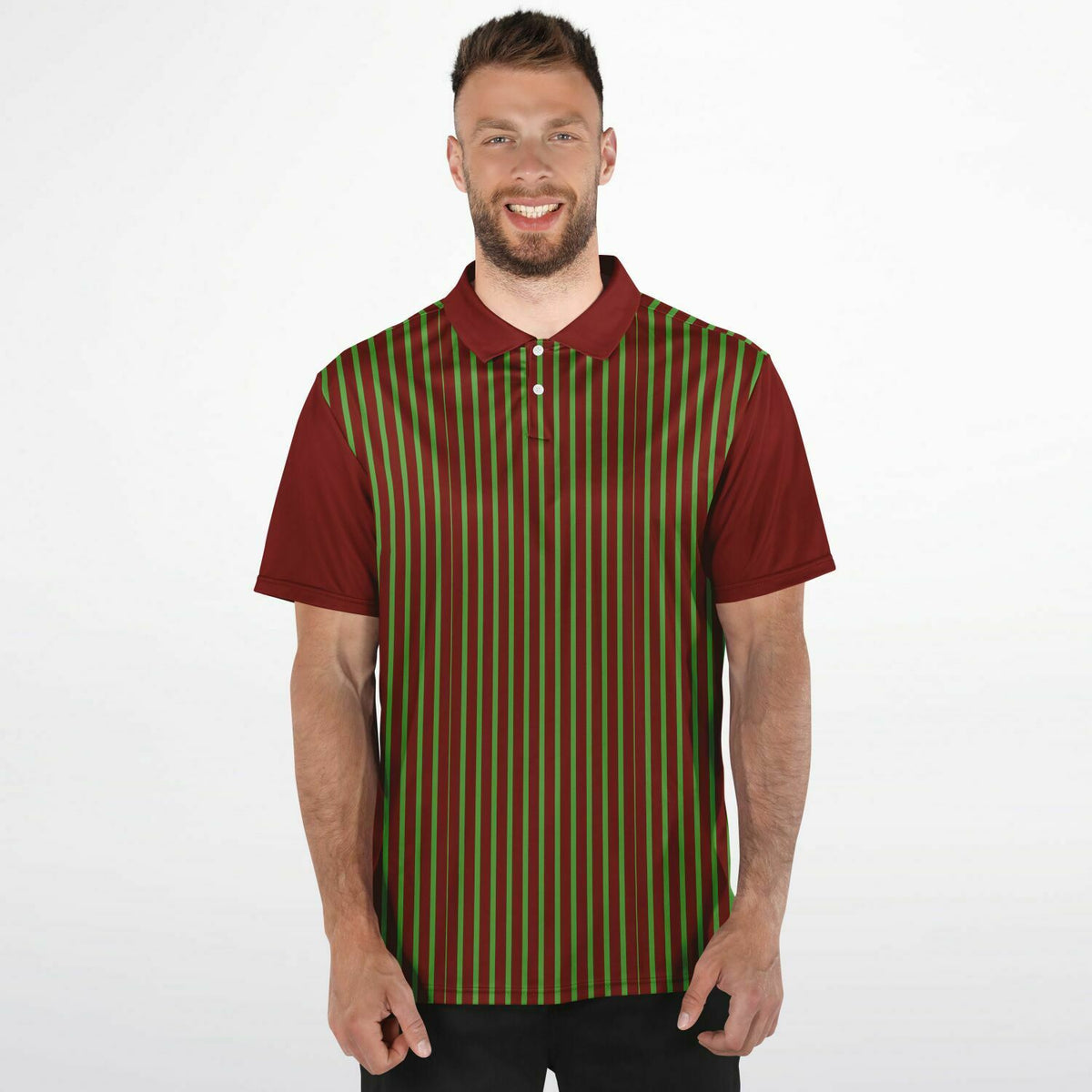 Performance Polo, Men&#39;s Claret &amp; Kelly Green Striped Polo Shirt, sweat wicking, golf polo