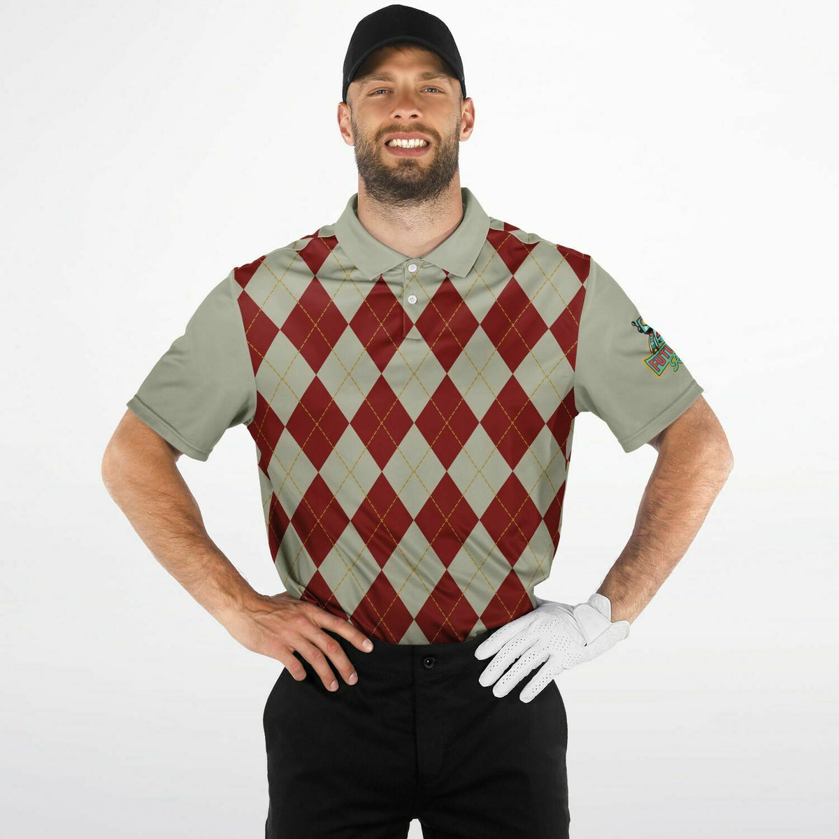 Performance Golf Polo with Sweat Wicking, Smoke and Burgundy Argyle