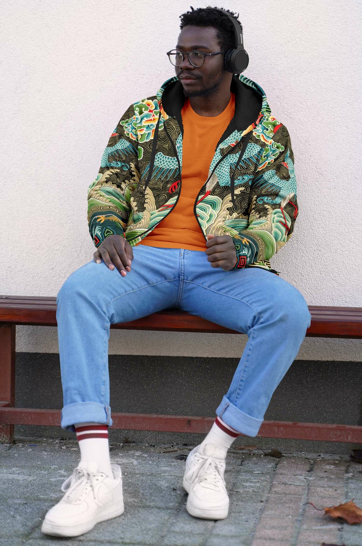 Art Nouveau Zip Hoodie with Black Microfleece