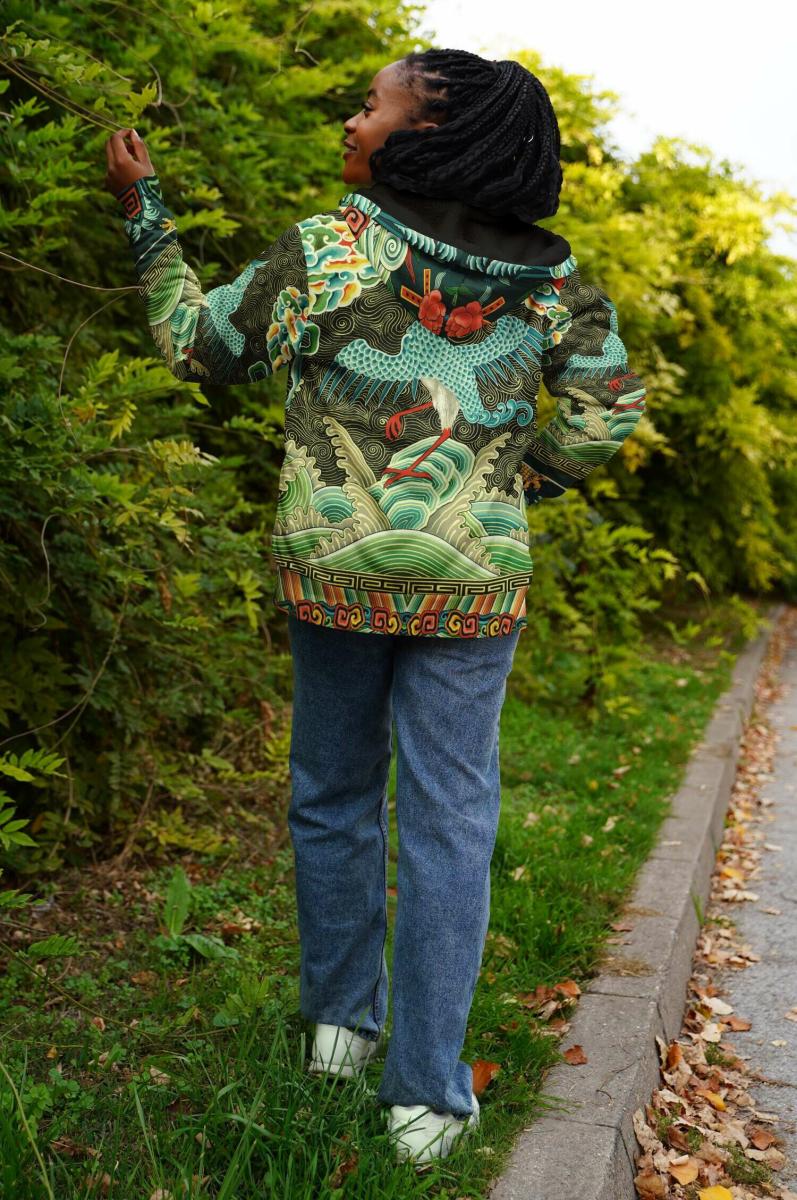 Art Nouveau Zip Hoodie with Black Microfleece