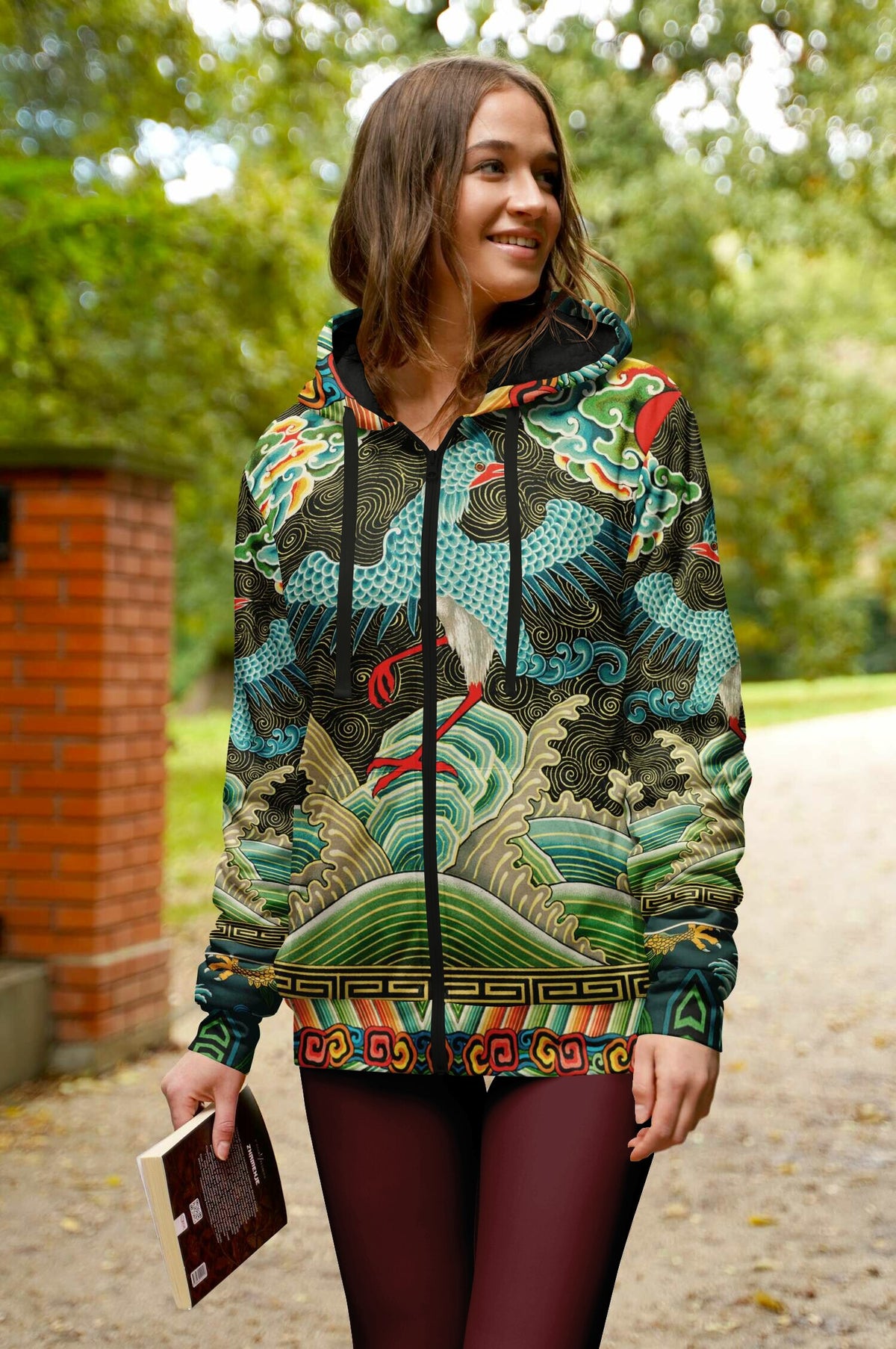 Art Nouveau Zip Hoodie with Black Microfleece