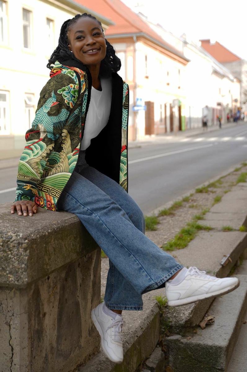 Art Nouveau Zip Hoodie with Black Microfleece