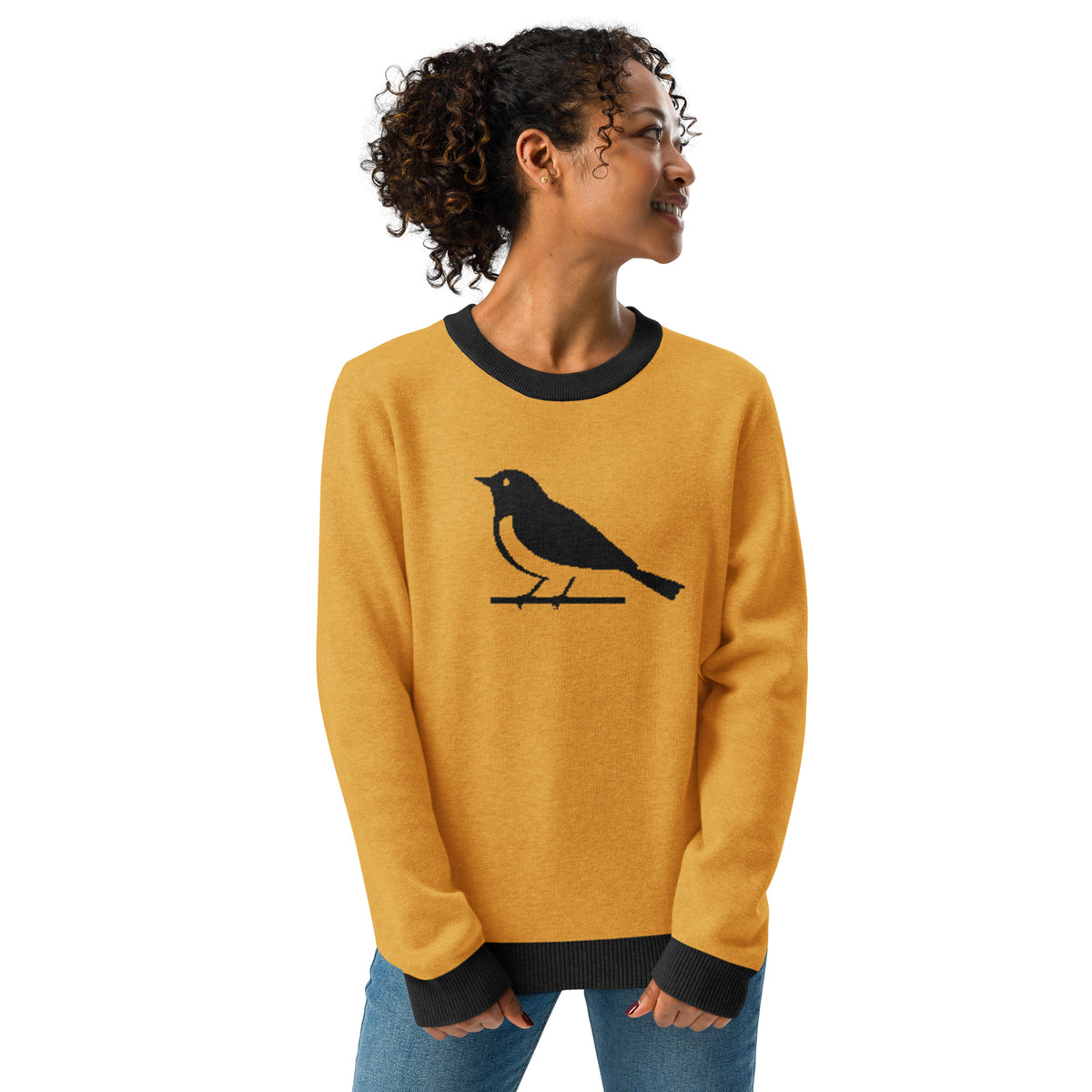 Bird Graphic Knit Sweater – Mustard Yellow Retro Unisex Jumper