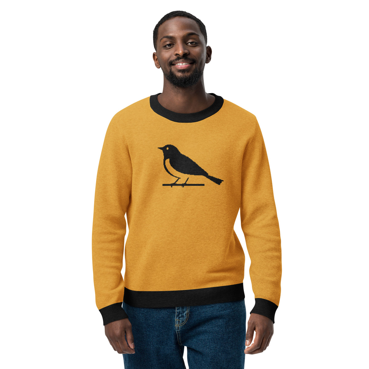 Bird Graphic Knit Sweater – Mustard Yellow Retro Unisex Jumper