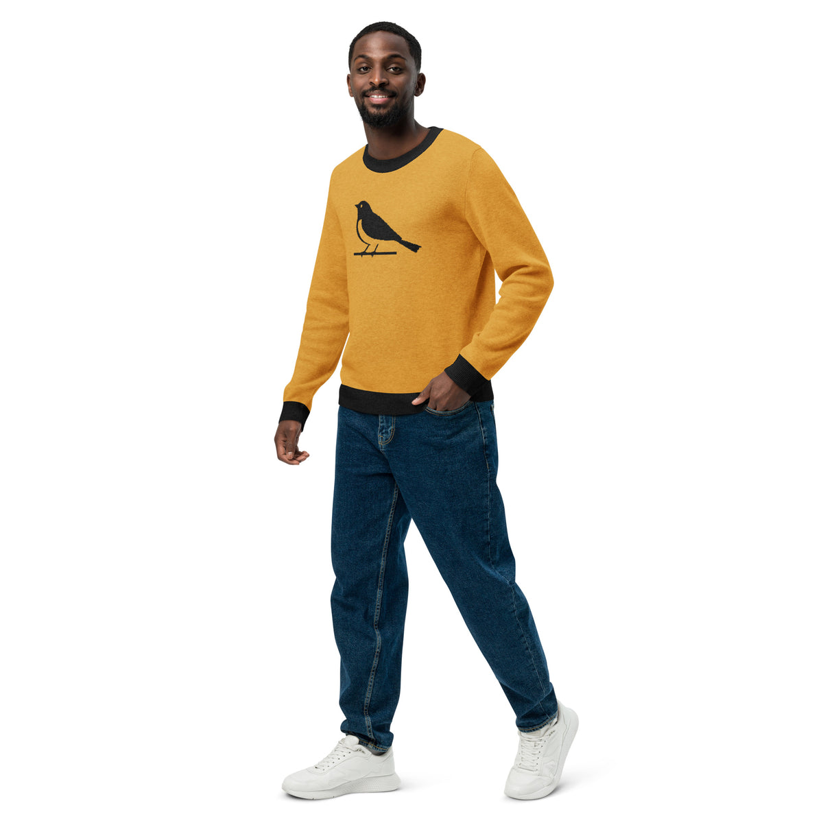 Bird Graphic Knit Sweater – Mustard Yellow Retro Unisex Jumper