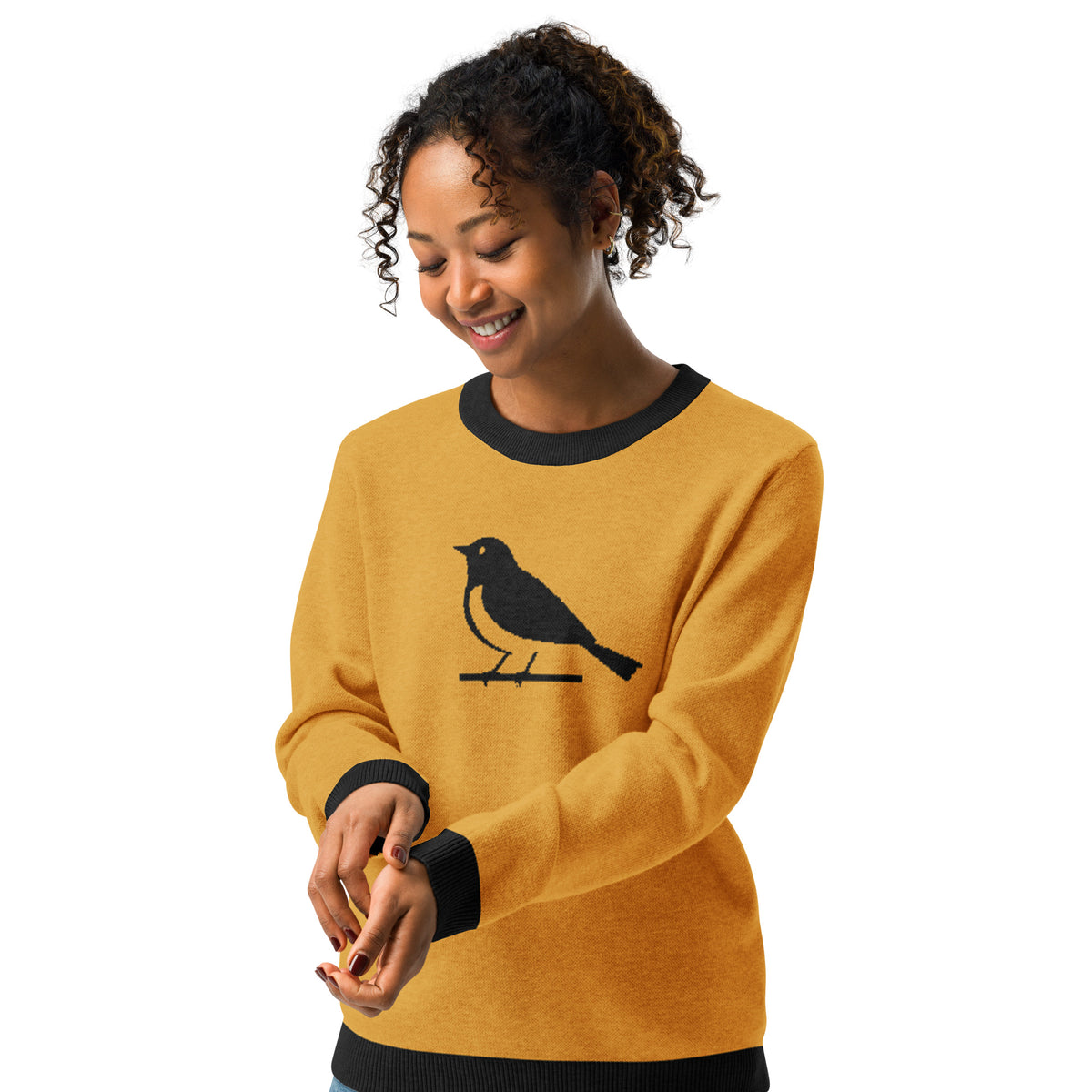 Bird Graphic Knit Sweater – Mustard Yellow Retro Unisex Jumper
