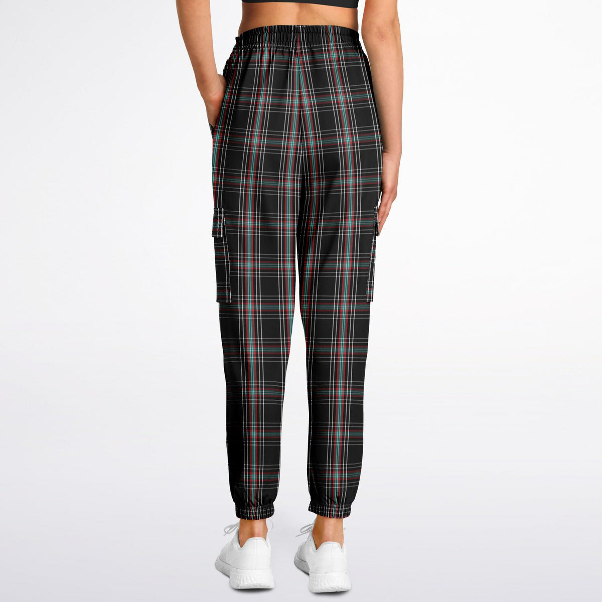 Black Plaid Athletic Cargo Sweatpants - AOP
