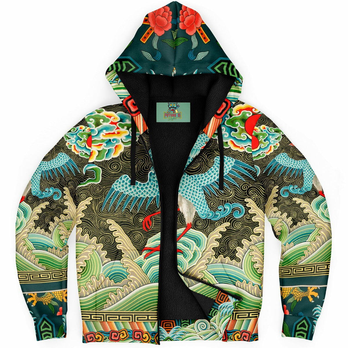 Art Nouveau Zip Hoodie with Black Microfleece