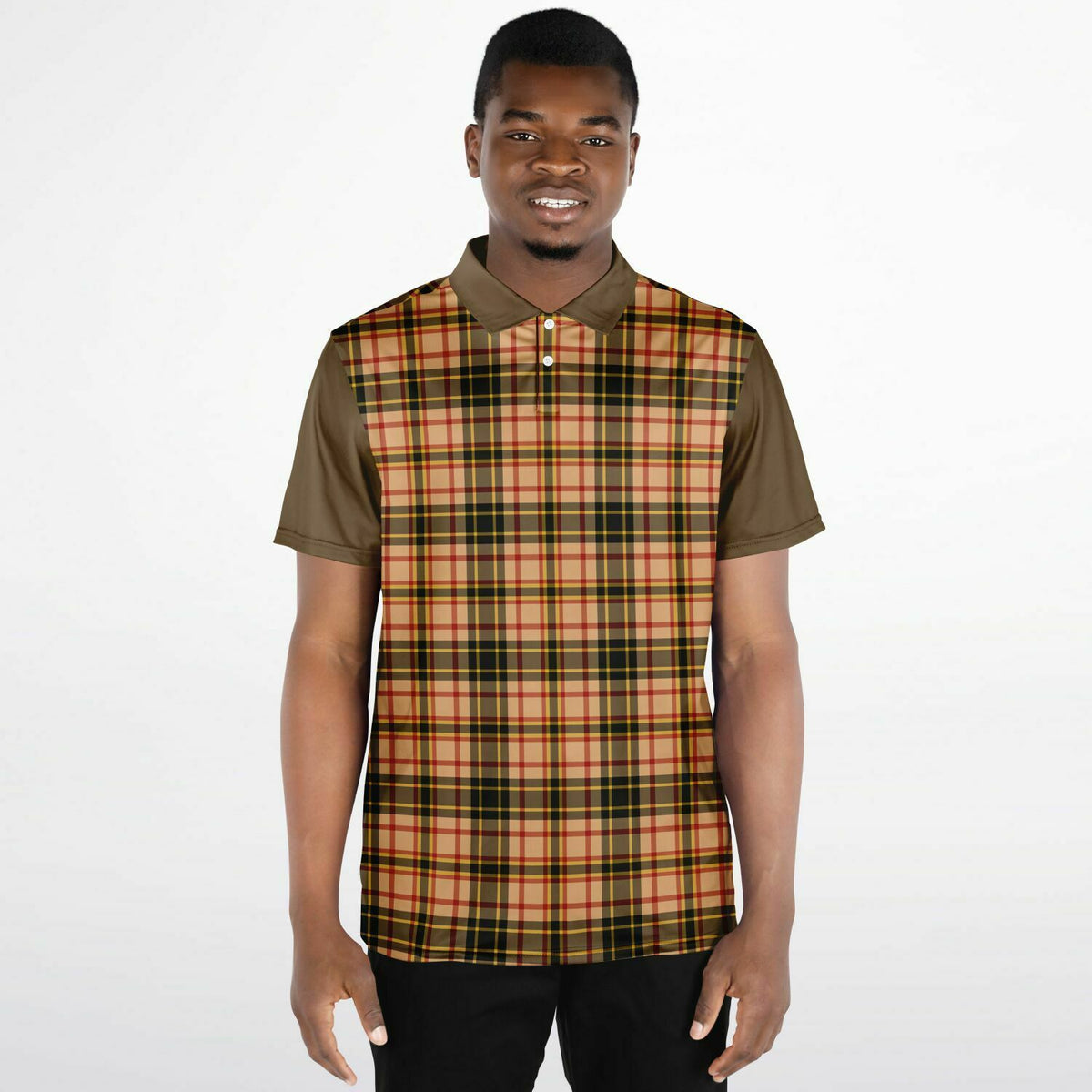 Performance Golf Polo with Sweat Wicking in Tan Plaid