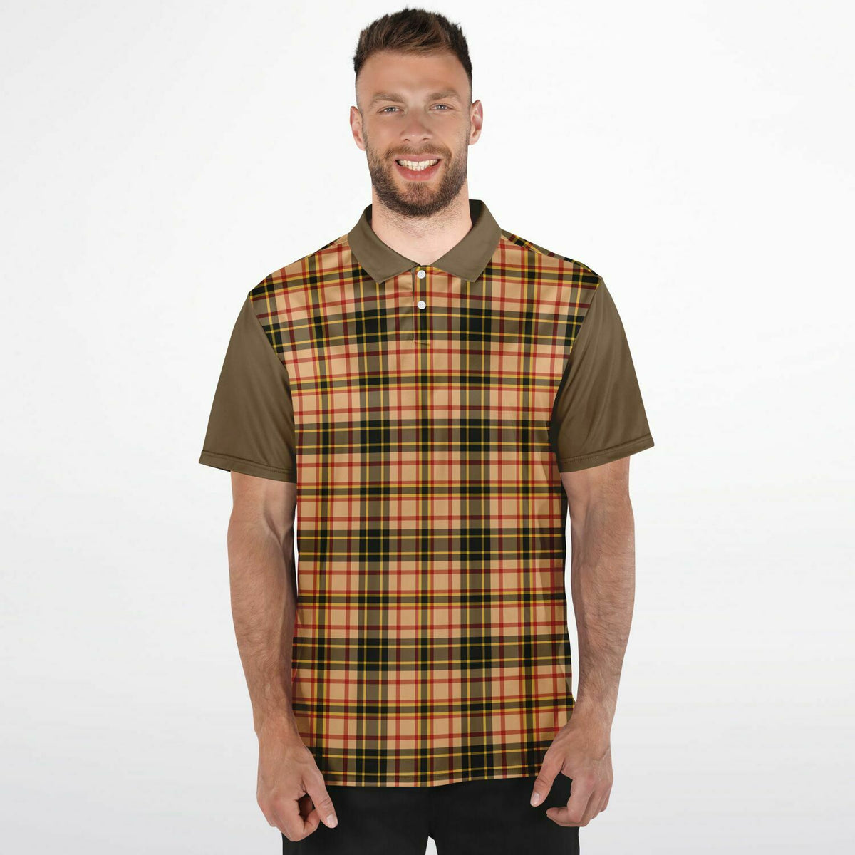 Performance Golf Polo with Sweat Wicking in Tan Plaid