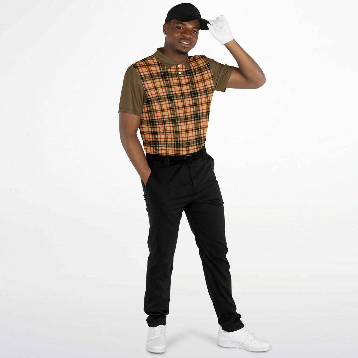 Performance Golf Polo with Sweat Wicking in Tan Plaid