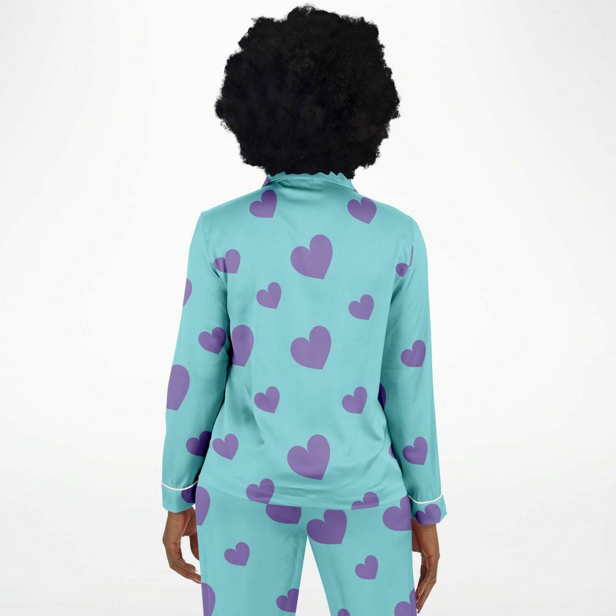 Damen Satin Pyjama Lila Liebesherzen 