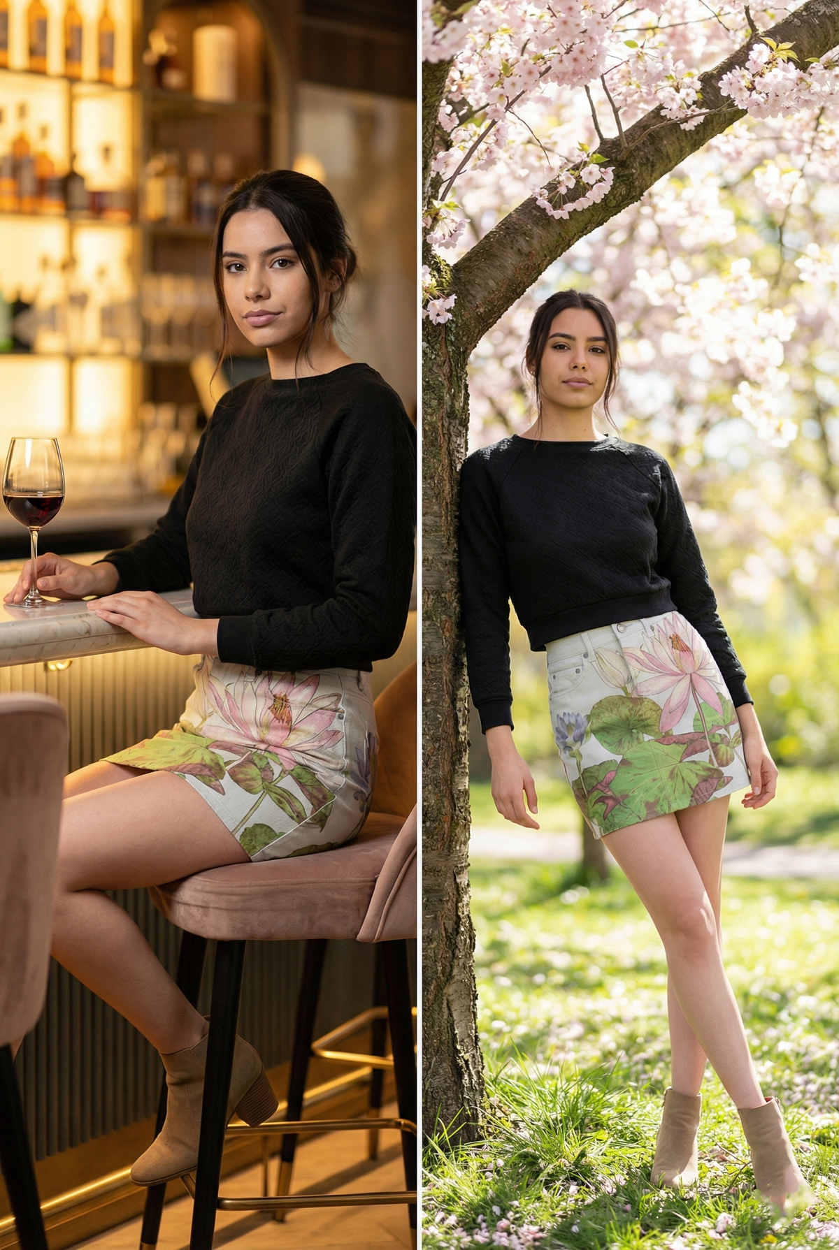 Denim Mini Skirt With Japanese Woodblock Floral Art