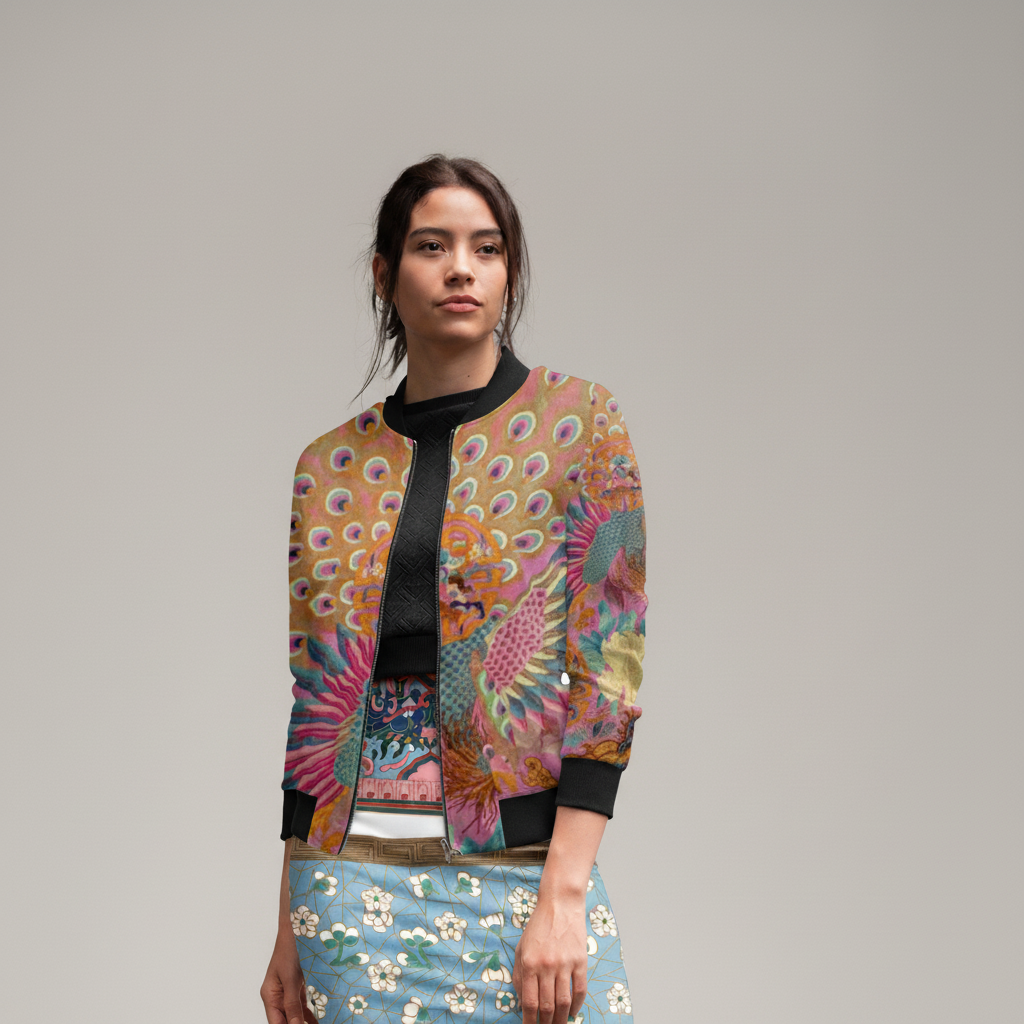 Unisex Velvet Bomber Jacket - Vintage Kimono Print