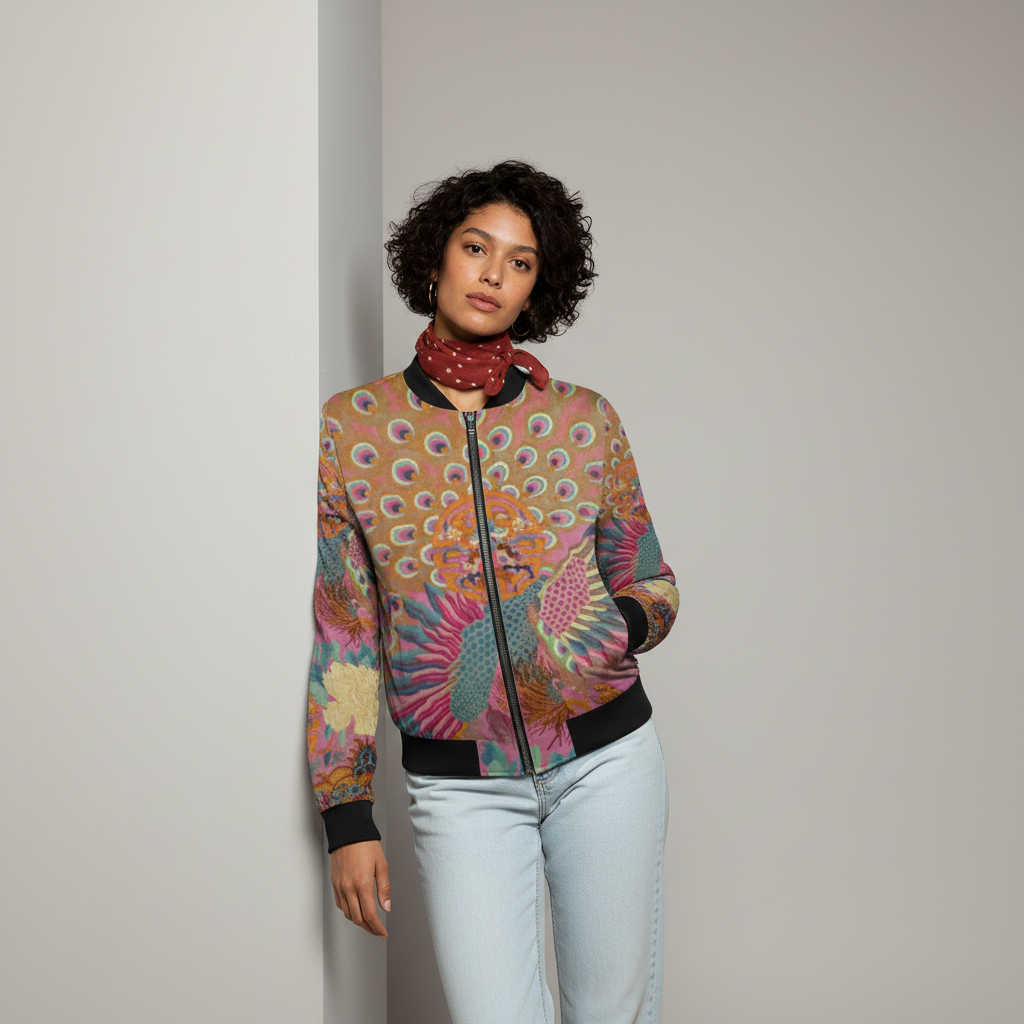 Unisex Velvet Bomber Jacket - Vintage Kimono Print