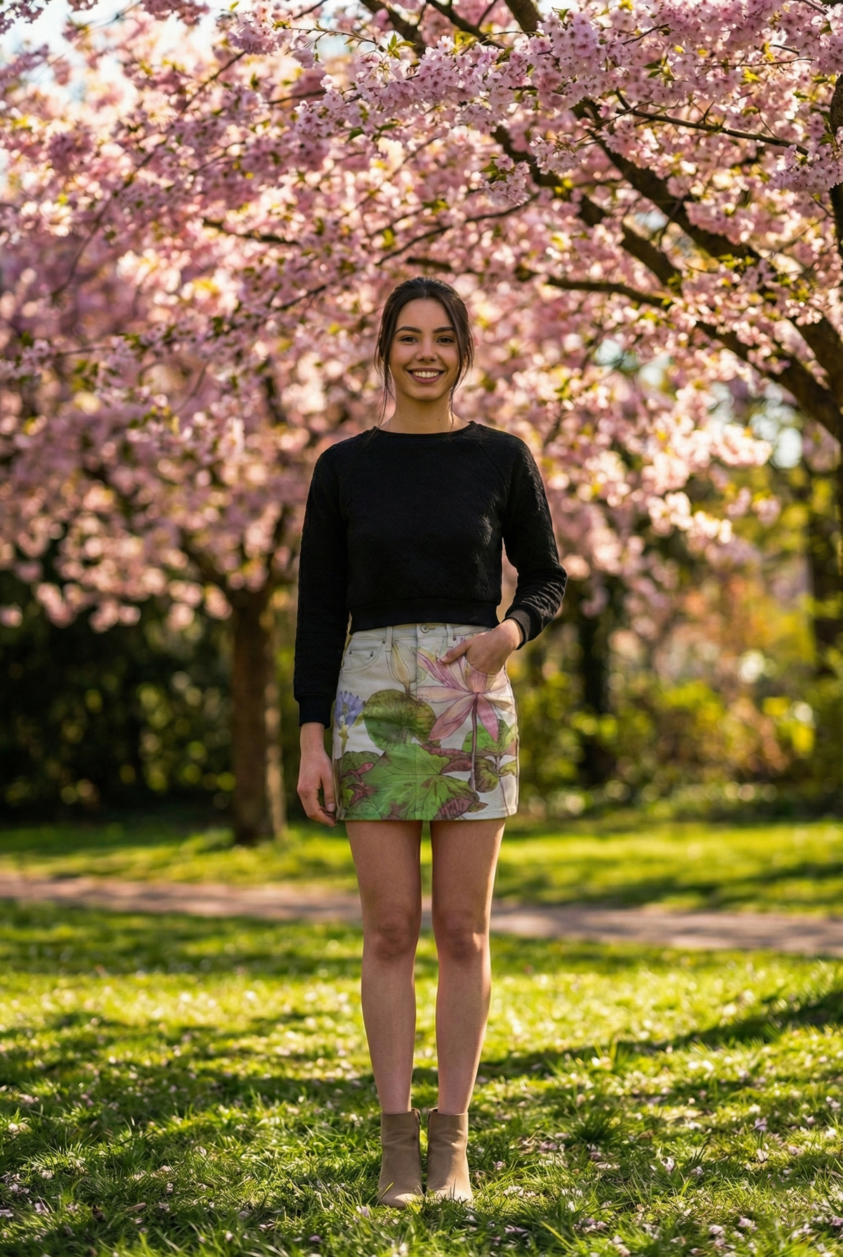 Denim Mini Skirt With Japanese Woodblock Floral Art