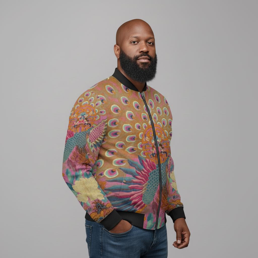 Unisex Velvet Bomber Jacket - Vintage Kimono Print